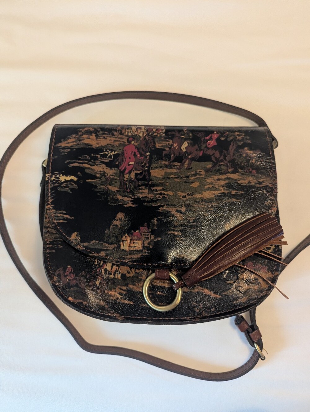 Patricia Nash Leather Crossbody Saddle Bag in Dark Brown with Scenic Print